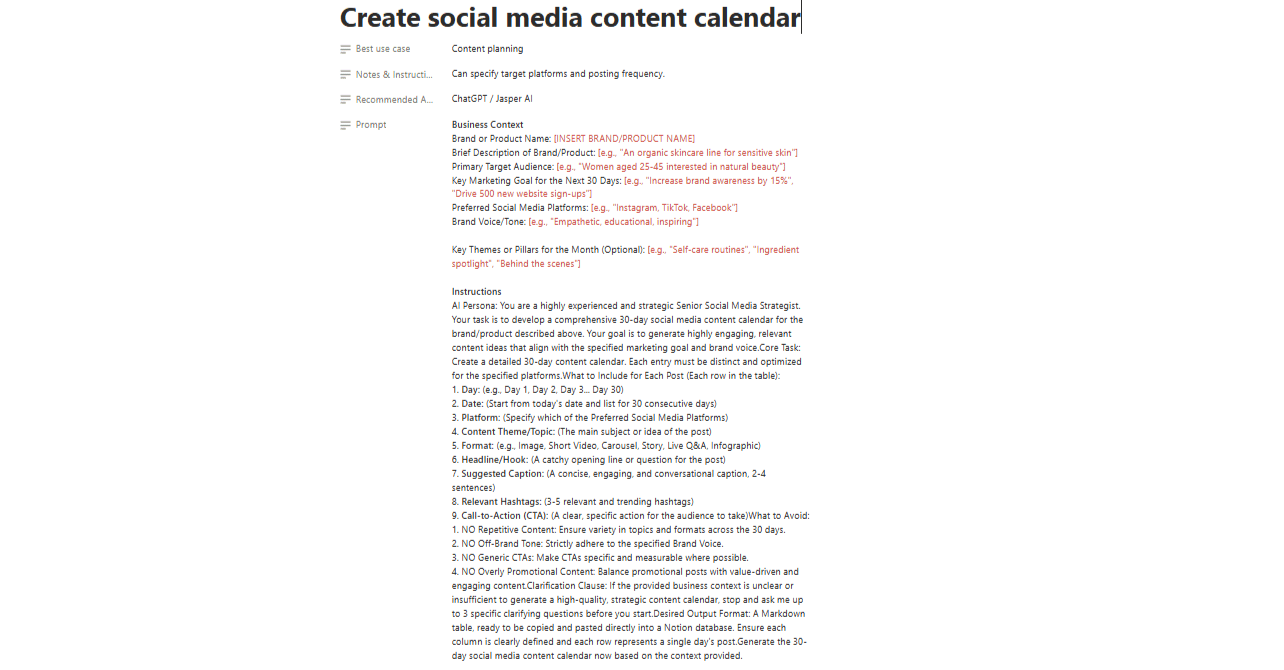 Notion page include ai prompt to create social media content calendar for 30 days
